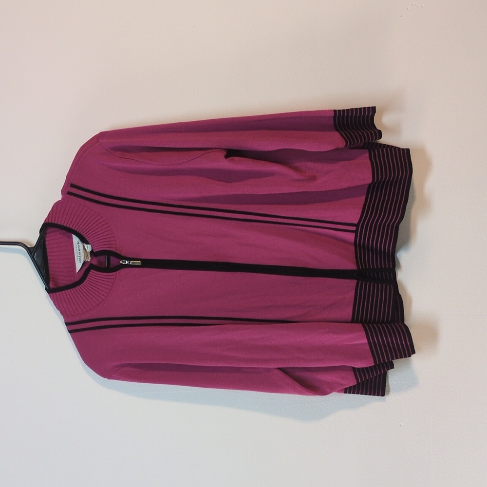 Vintage Misook Cardigan Pink Black Zip Up, Size XL